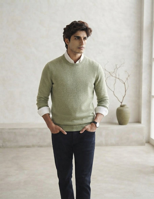 classic light Olive Green Crewneck fullsleeves Sweater