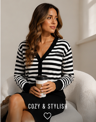 Women's Black & White Striped V-Neck Knit Cardigan