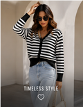 Women's Black & White Striped V-Neck Knit Cardigan