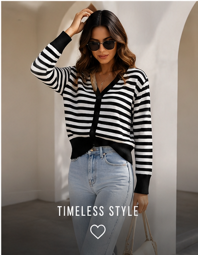 Women's Black & White Striped V-Neck Knit Cardigan