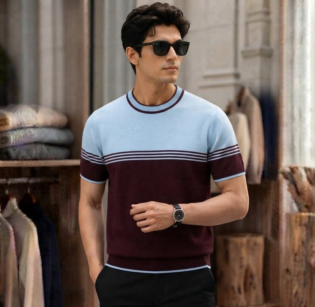 Sky-Blue and Maroon Color-Blocked Knitted T-Shirt.