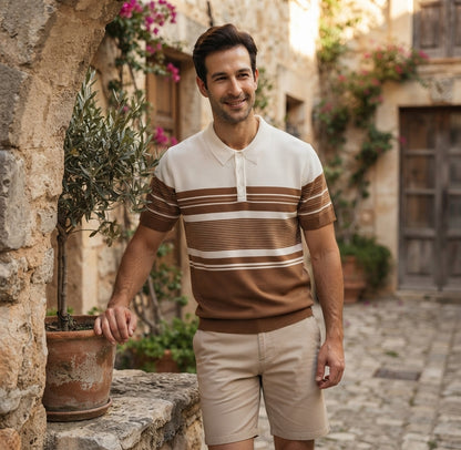Elegant brown and white striped knit polo t-shirt