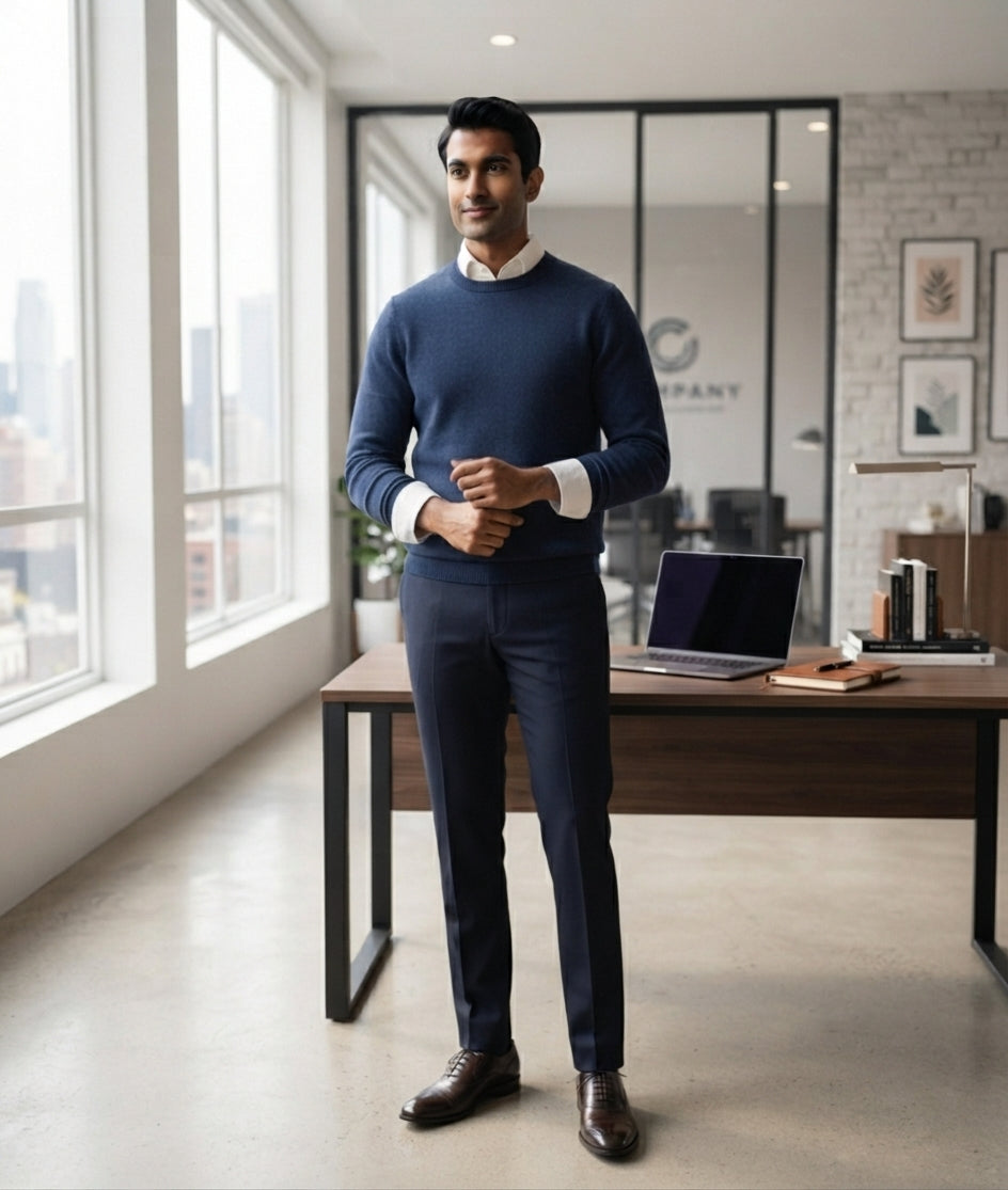 Dark Navy Blue Classic Crewneck Knitted Sweater
