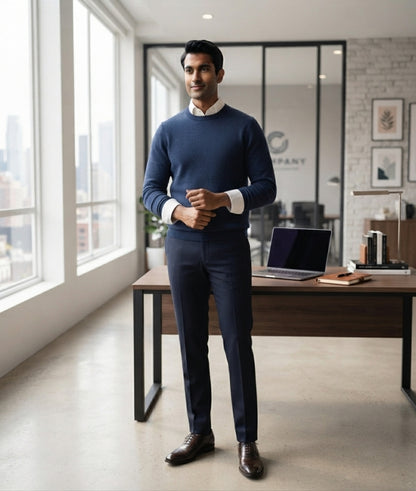 Dark Navy Blue Classic Crewneck Knitted Sweater