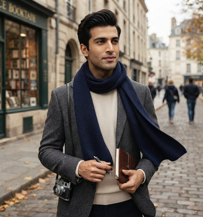Classic Men's Rib-Knitted Winter Scarf - Navy Blue