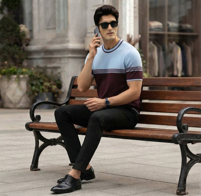 Sky-Blue and Maroon Color-Blocked Knitted T-Shirt.