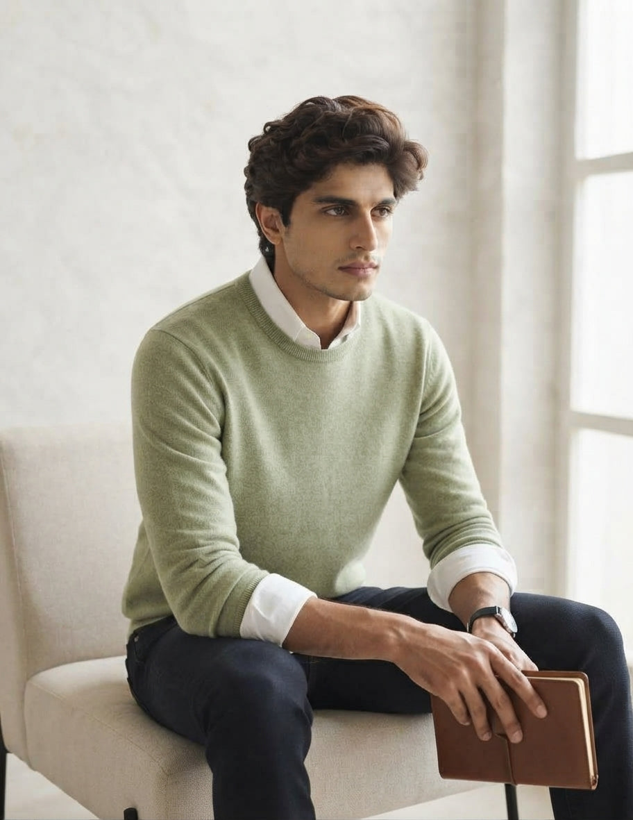 classic light Olive Green Crewneck fullsleeves Sweater