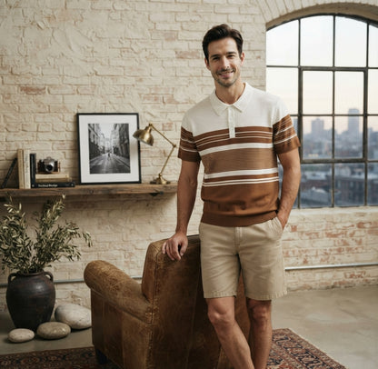 Elegant brown and white striped knit polo t-shirt