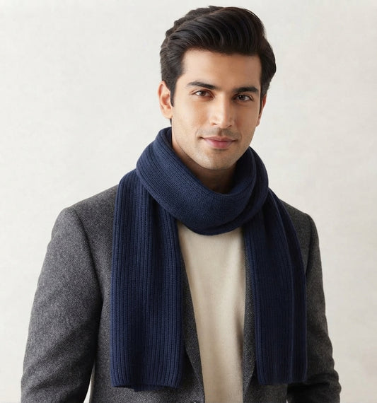 Classic Men's Rib-Knitted Winter Scarf - Navy Blue