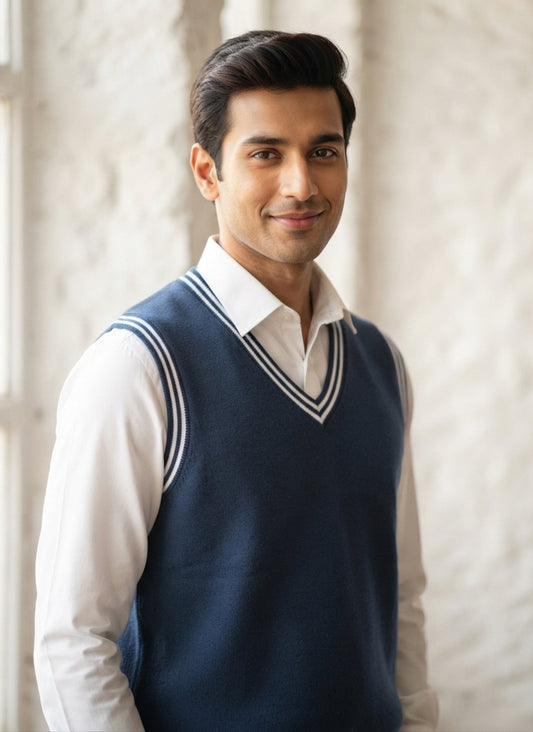 Premium Navy Blue V-Neck Knitted Sweater Vest