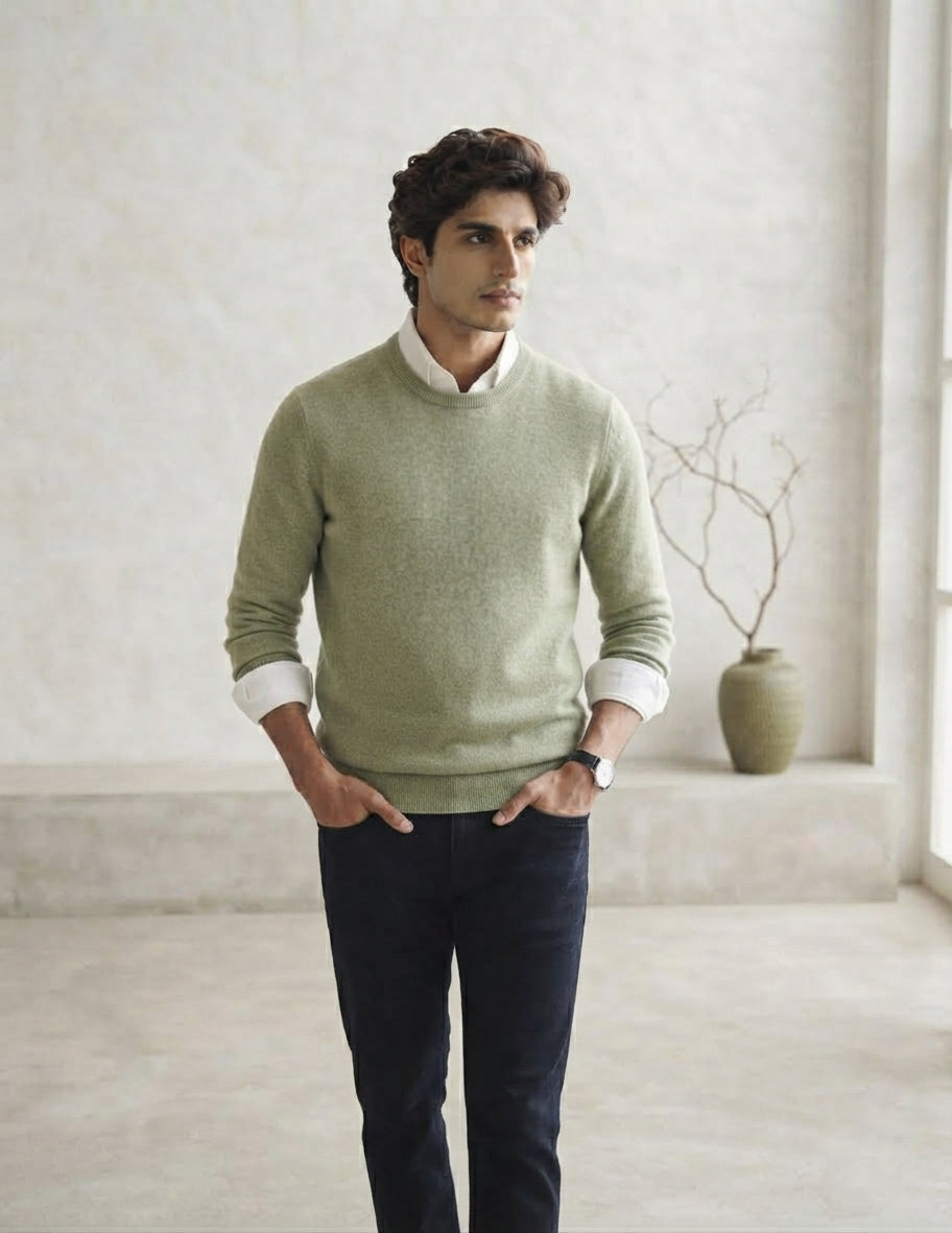 classic light Olive Green Crewneck fullsleeves Sweater