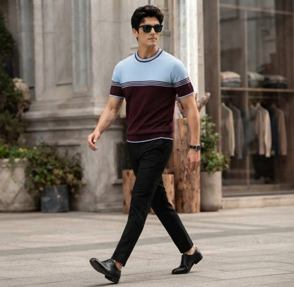 Sky-Blue and Maroon Color-Blocked Knitted T-Shirt.