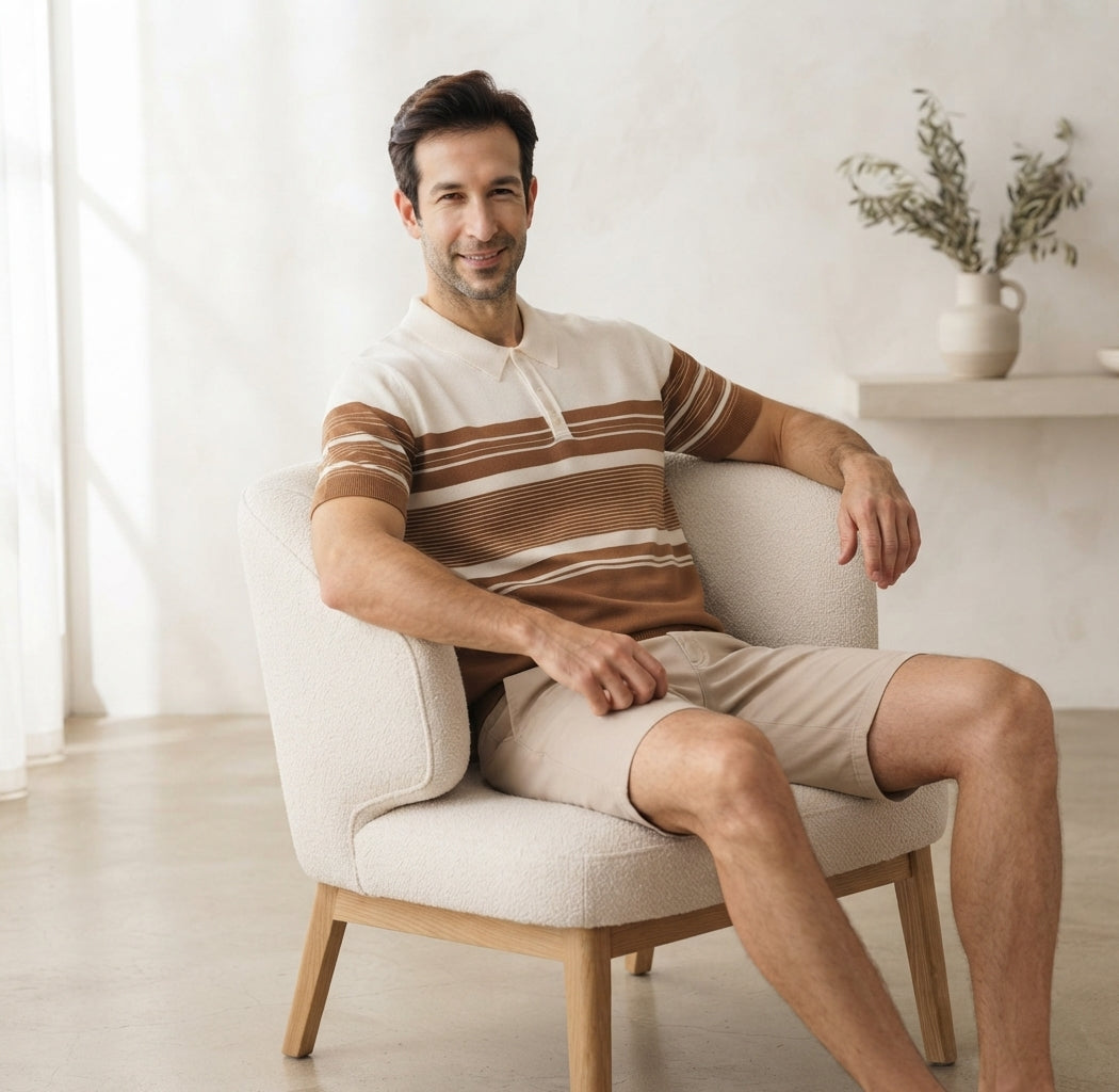 Elegant brown and white striped knit polo t-shirt
