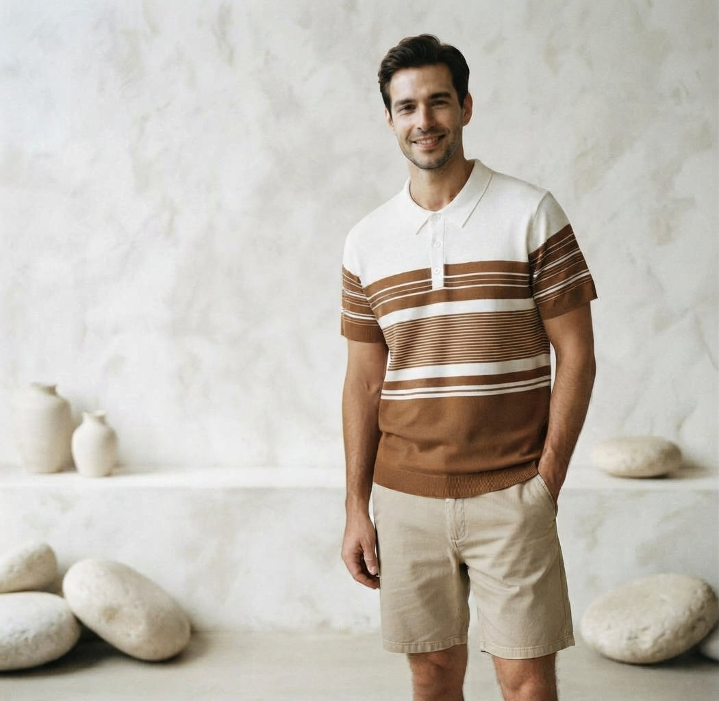 Elegant brown and white striped knit polo t-shirt