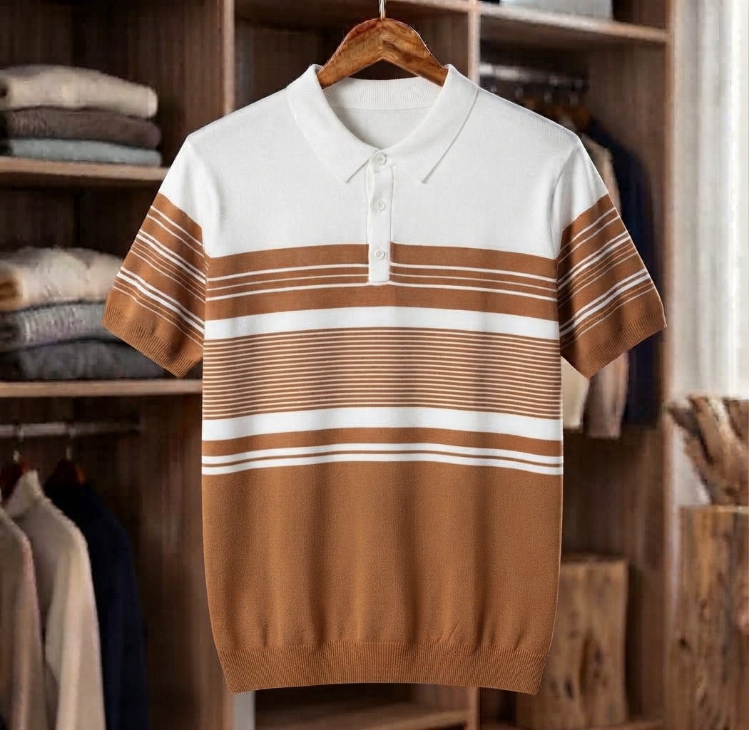 Elegant brown and white striped knit polo t-shirt