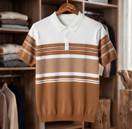 Elegant brown and white striped knit polo t-shirt