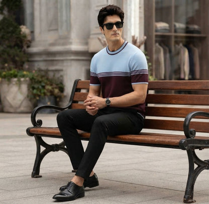 Sky-Blue and Maroon Color-Blocked Knitted T-Shirt.