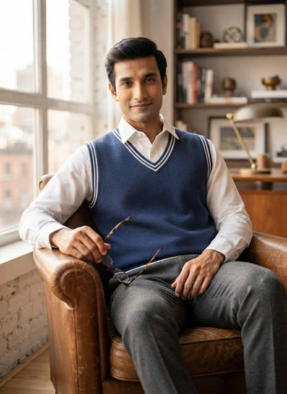 Premium Navy Blue V-Neck Knitted Sweater Vest