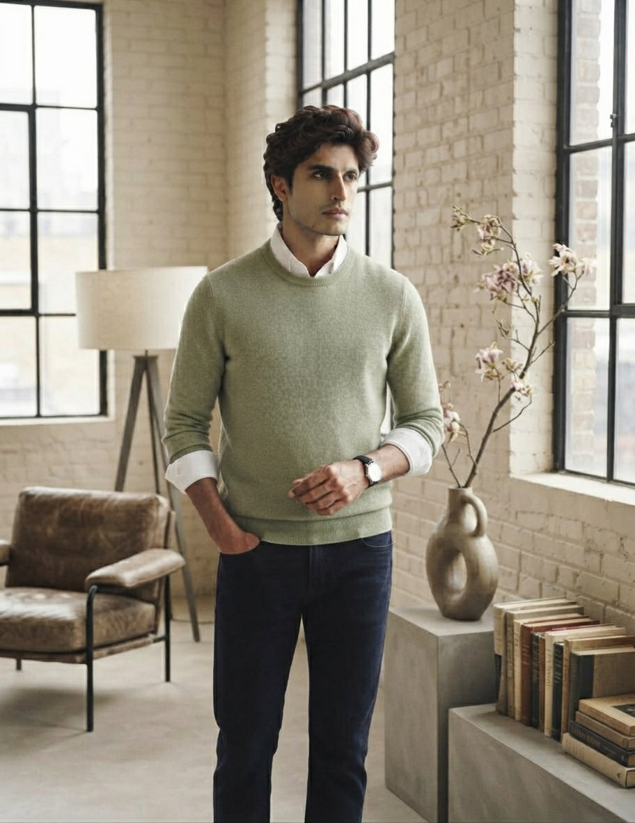 classic light Olive Green Crewneck fullsleeves Sweater