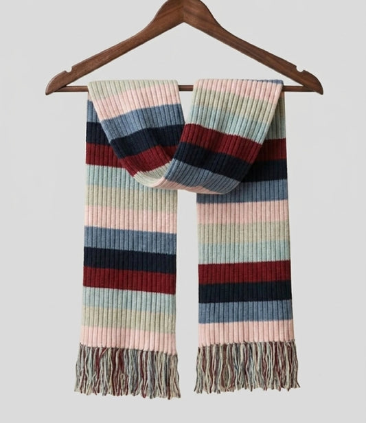Striped Rib-Knit Fringe Scarf