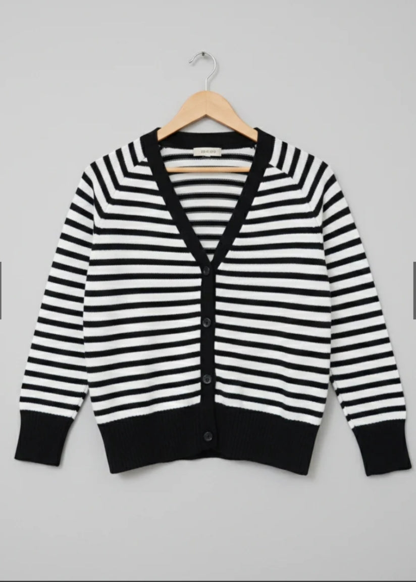 Women's Black & White Striped V-Neck Knit Cardigan