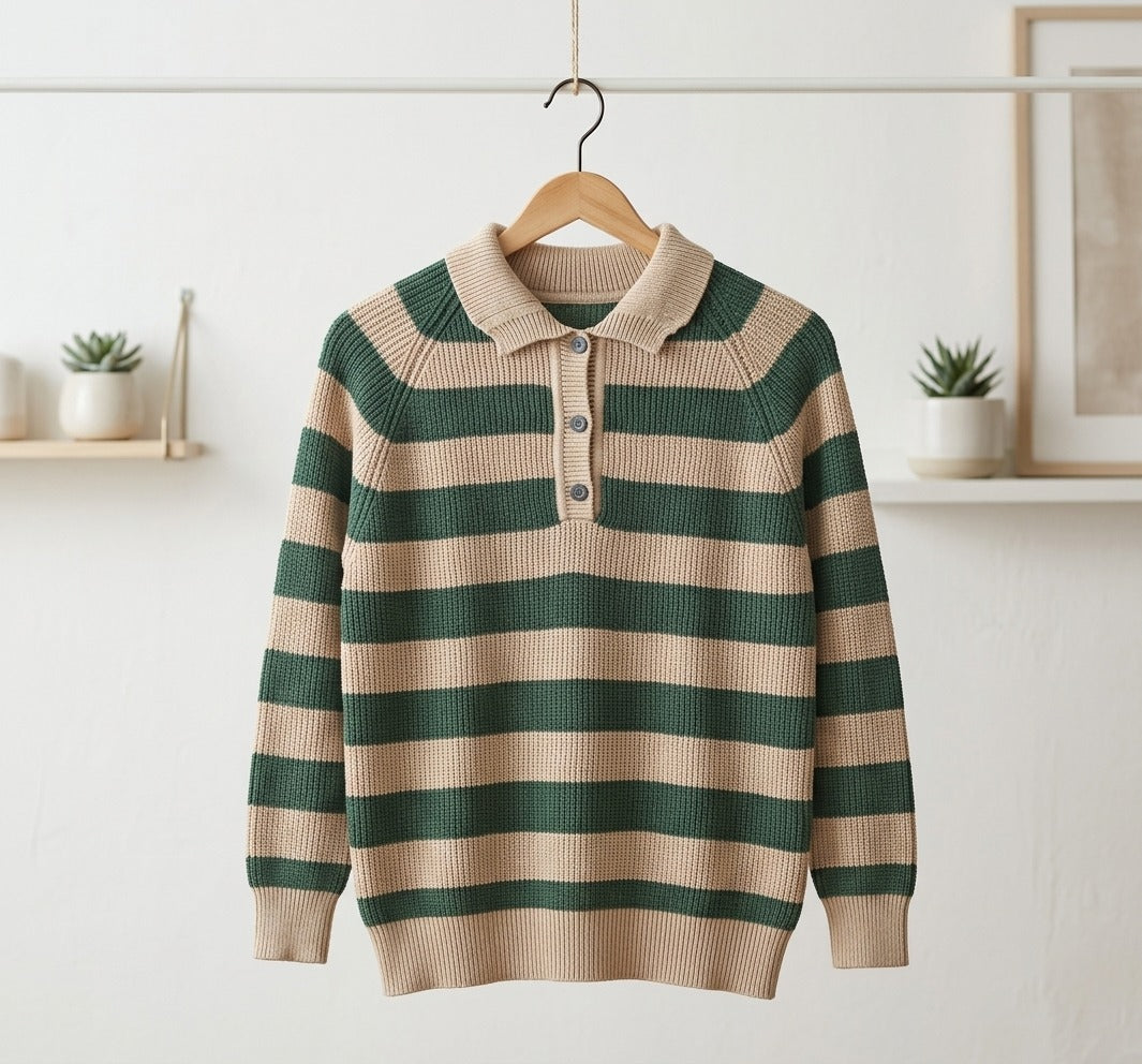 Striped Knit Polo Sweater
