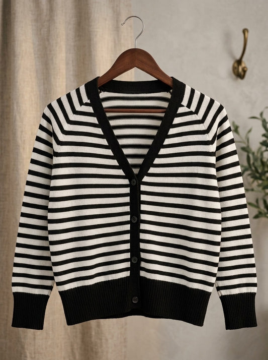 Striped V-Neck Knit Cardigan Sweater