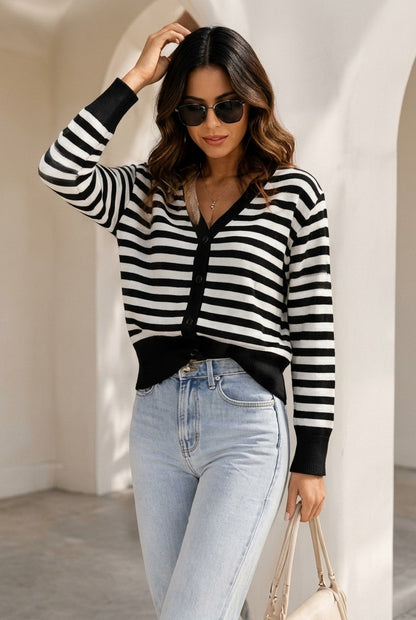 Striped V-Neck Knit Cardigan Sweater