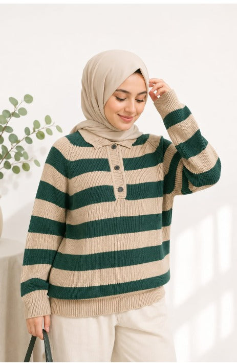 Striped Knit Polo Sweater
