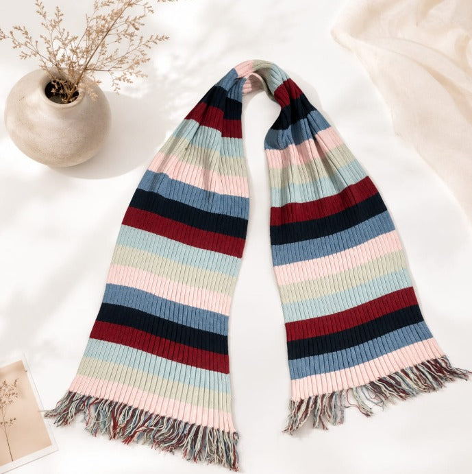 Striped Rib-Knit Fringe Scarf