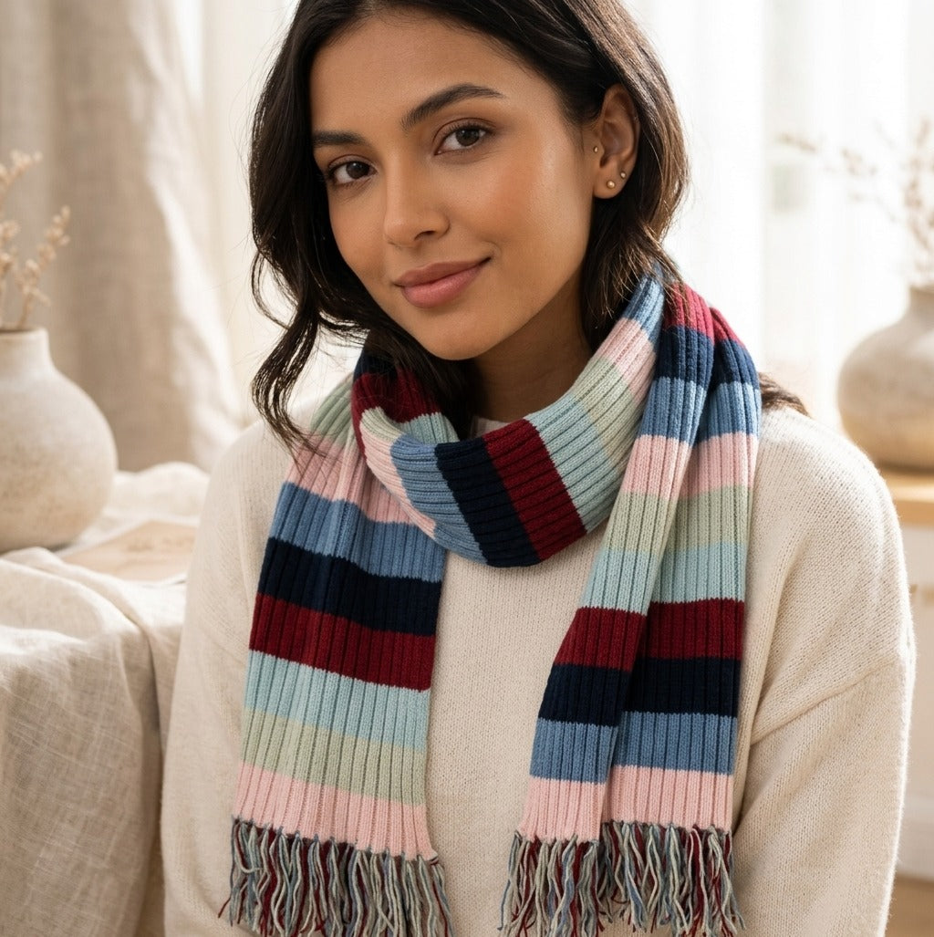 Striped Rib-Knit Fringe Scarf